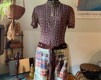 SAIL AWAY Vintage 90er Jahre Carole Little 100% Baumwolle kariertes Patchwork Bündchen Capri Hose/Shorts