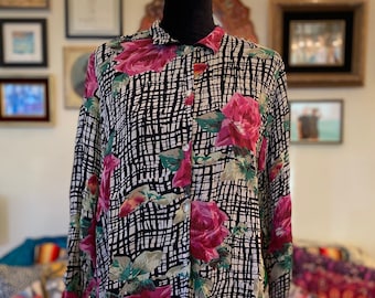 THE DARK GARDEN Vintage mixed print geometric print rose print button up lightweight long sleeve top/cardigan