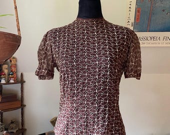 MISS JONES Vintage 60s sheer brown and cream floral eyelet embroidery puff sleeve blouse