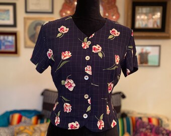 SITTIN PRETTY Vintage navy blue floral pattern grid pattern mixed pattern short sleeve button up