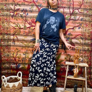 BROTHERS & SISTERS Vintage midnight blue/black semi-sheer maxi skirt with gray abstract children/people holding hands pattern