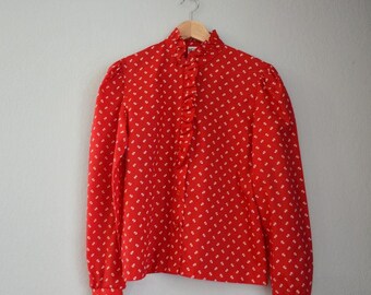 Red + White Print Vintage Koret Button Up Blouse with Ruffles
