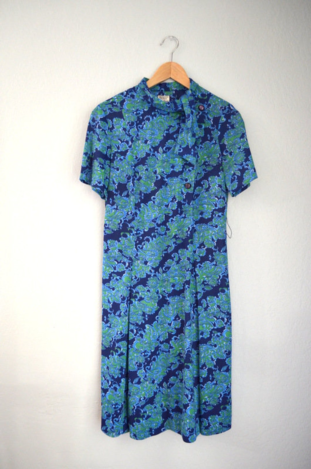 1960s Vintage Blue Green Floral Print Short Sleeved Dress - Etsy