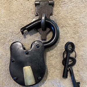 PADLOCK COMBO SET, Jailers Lock, Complete with Lock, Hasp, screws and 2 working keys. Painted Black with Brass Keyhole cover.