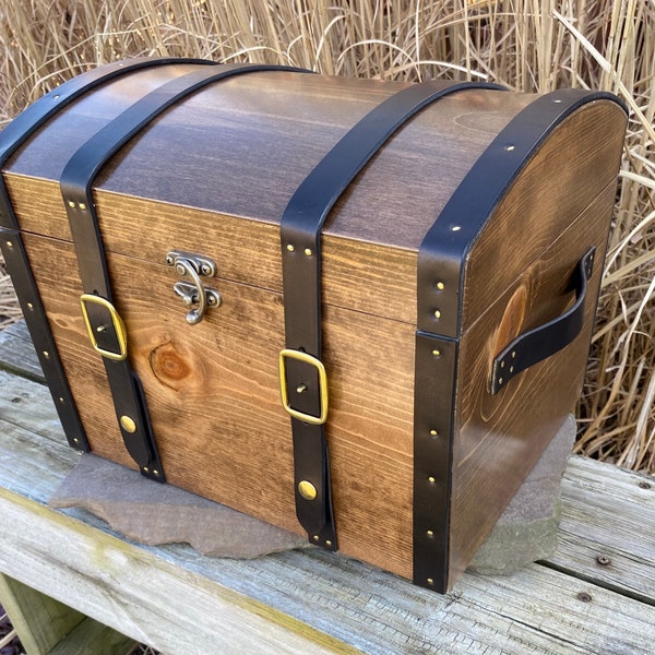 MEDIUM Pirate Chest or TREASURE CHEST w/ Shelf, Trim, Handles, Antique Latch. Great gift for all Occasions. Optional Straps, Buckles, Lock.