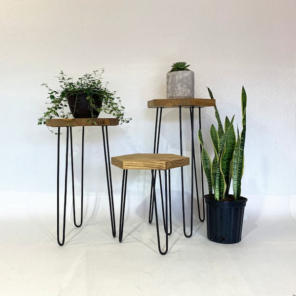 Single Hairpin Leg Hexagon Bench, Rustic Modern, Sofa Table, Nightstand, Entryway Plant Stand, MidCentury Modern Narrow Console,