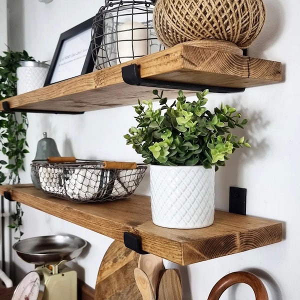 Farmhouse Floating Shelf with J Brackets: Rustic Pine Wood Heavy Duty Wall Shelves