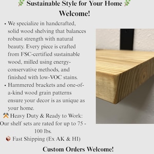 May include: A close-up of a wooden shelf with a natural wood grain pattern. The shelf is mounted on a wall with a black bracket. The text in the image reads "Sustainable Style for Your Home Welcome!"