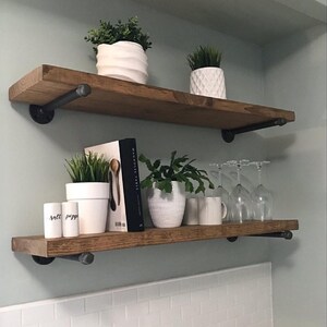 Farmhouse Floating Shelf with Pipe Brackets, Rustic Wood Plant Shelf
