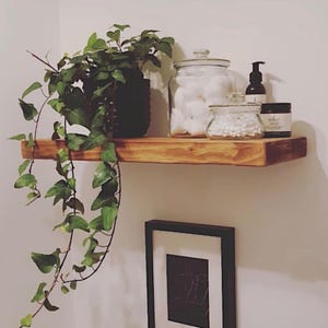 May include: A wooden shelf with a potted plant, glass jars, and bottles. The shelf is made of light brown wood and is mounted on a white wall. The jars contain cotton balls and other items. A framed picture hangs below.