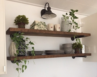 One long floating farmhouse shelf, 2 pipe brackets, rustic shelf, kitchen display wall shelf, farmhouse & bathroom shelf plant storage