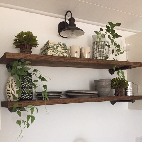 One long floating farmhouse shelf, 2 pipe brackets, rustic shelf, kitchen display wall shelf, farmhouse & bathroom shelf plant storage