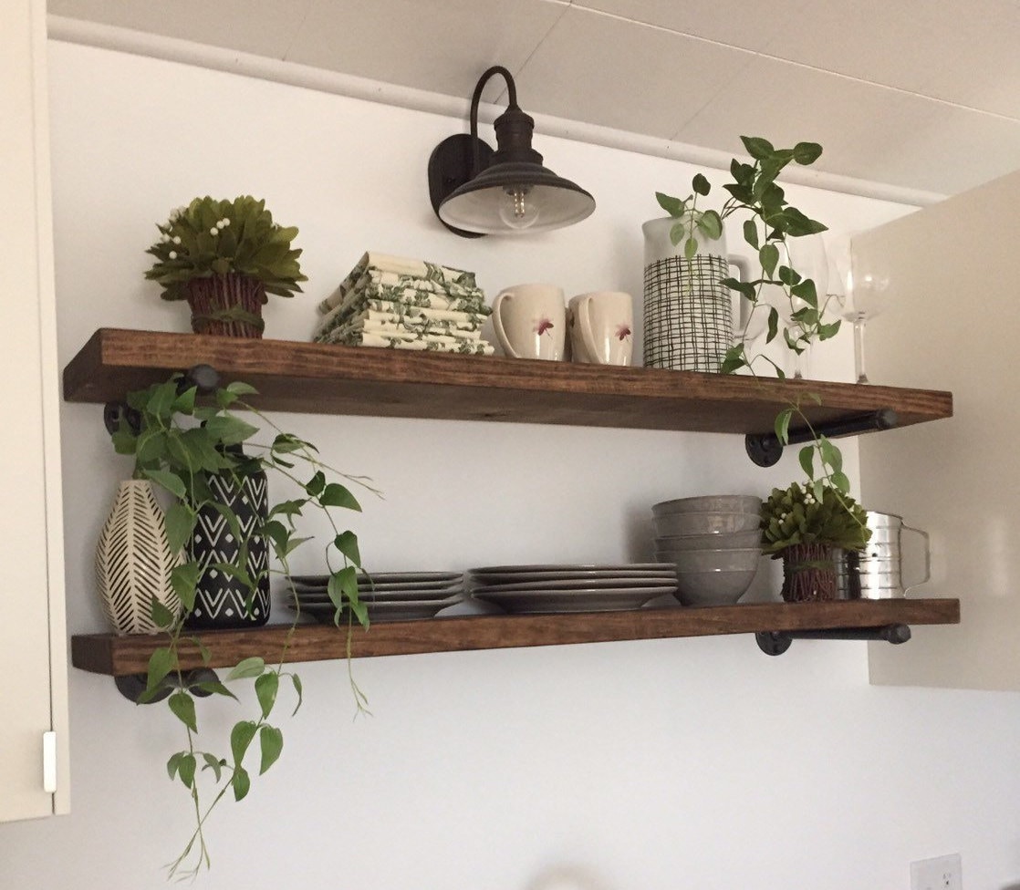 One Long Floating Farmhouse Shelf, 2 Pipe Brackets, Rustic Shelf, Kitchen  Display Wall Shelf, Farmhouse & Bathroom Shelf Plant Storage 