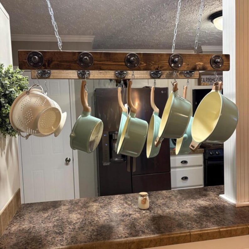 Pot Rack Chain Walnut Stained Ladder Pot Rack: Rustic Industrial Farmhouse Decor ...