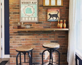Rustic Pine Floating Bar Shelf, Farmhouse Industrial Pipe Bracket
