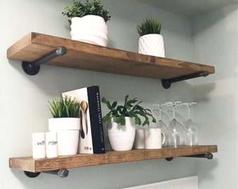 One floating shelf, two shelf brackets, Kitchen shelf, rustic hanging wall shelf, plant shelf, bathroom shelf, custom coffee bar shelf