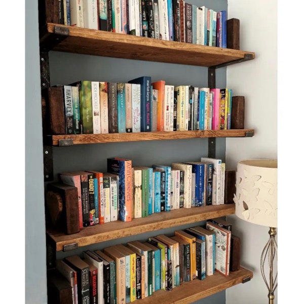 Industrial floating Bookshelf with flat steel L shaped brackets, long kitchen shelf, plant window shelf, Modern farmhouse bookshelf