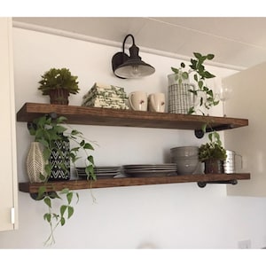 One floating farmhouse shelf with pipe brackets, Modern plant display shelf