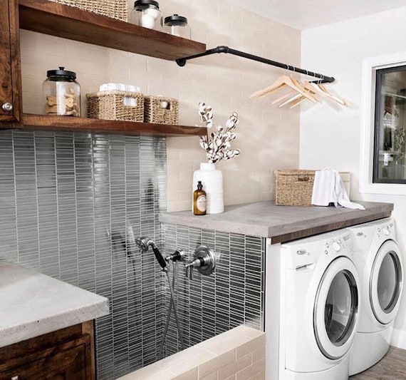 Industrial Farmhouse Shelf with Hanger Rack for Laundry Room