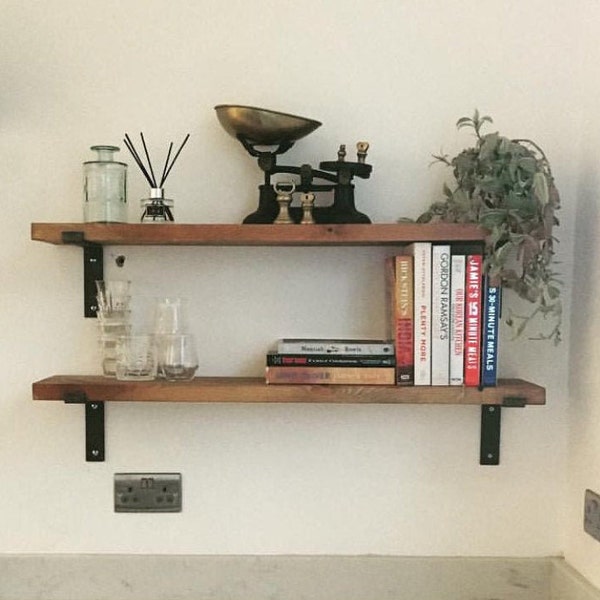 One Rustic Floating Shelf with flat steel L Shaped Brackets. Farmhouse Fixer Upper Style wall shelf, kitchen shelf, plant shelf, bookshelf