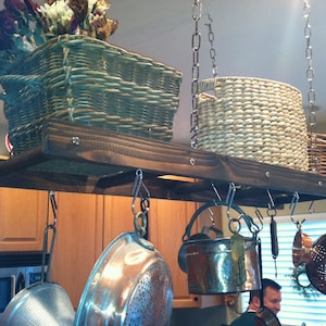 Walnut Stained Rustic Ladder Pot Rack: Farmhouse Kitchen Island Decor