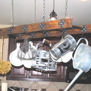 Walnut Stained Ladder Pot Rack: Rustic Industrial Farmhouse Kitchen Decor