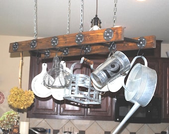 Walnut Stained Ladder Pot Rack: Rustic Industrial Farmhouse Kitchen Decor