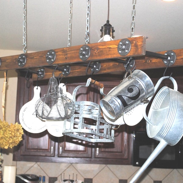Walnut Stained Ladder Pot Rack: Rustic Industrial Farmhouse Kitchen Decor