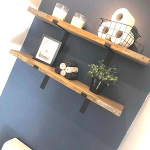 Rustic Industrial Floating Shelf: Modern Farmhouse Decor with Heavy Duty J Shaped Steel Brackets