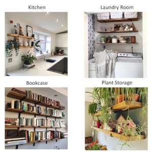 May include: Four images showcasing wooden shelves in different settings: a kitchen, laundry room, bookcase, and plant storage area. The shelves are mounted on black metal brackets and hold various items, including plants, books, and decorative objects.