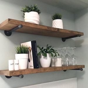 Rustic Pine Wood Shelf with Pipe Brackets, Farmhouse Decor