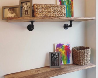 Many Depths Floating Angled Bracket Shelf, Rustic Wood and Angled Pipe brackets, Book Shelf, Farmhouse shelf, Kitchen Open Shelve,