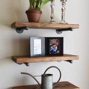 Rustic Pine Floating Coffee Bar Shelf with Gun Metal Gray Pipe Brackets