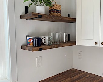 Long Modern Bathroom Shelving, Solid Wood and Flat J Shaped Bracket for secure display options, Custom Rustic Floating shelves.