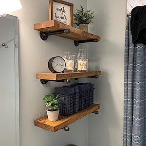 Rustic Pine Wood Shelf with Pipe Brackets, Bathroom Storage
