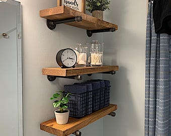 Rustic Pine Wood Shelf with Pipe Brackets, Bathroom Storage