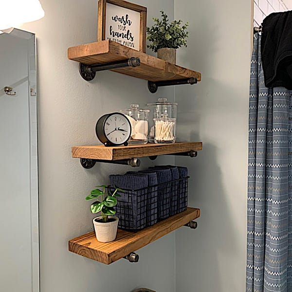 Rustic Pine Wood Shelf with Pipe Brackets, Bathroom Storage