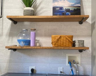 Rustic Floating Shelf with Pipe Brackets, Industrial Farmhouse Decor