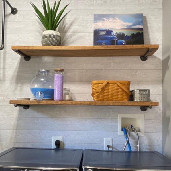 Rustic Floating Shelf with Pipe Brackets, Industrial Farmhouse Decor