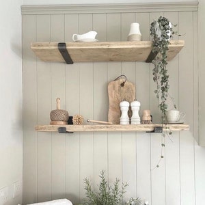 One HEAVY DUTY rustic floating shelf with two robust J Shaped Flat Iron Brackets, Handmade Farmhouse shelf for custom renovations, imagen 3