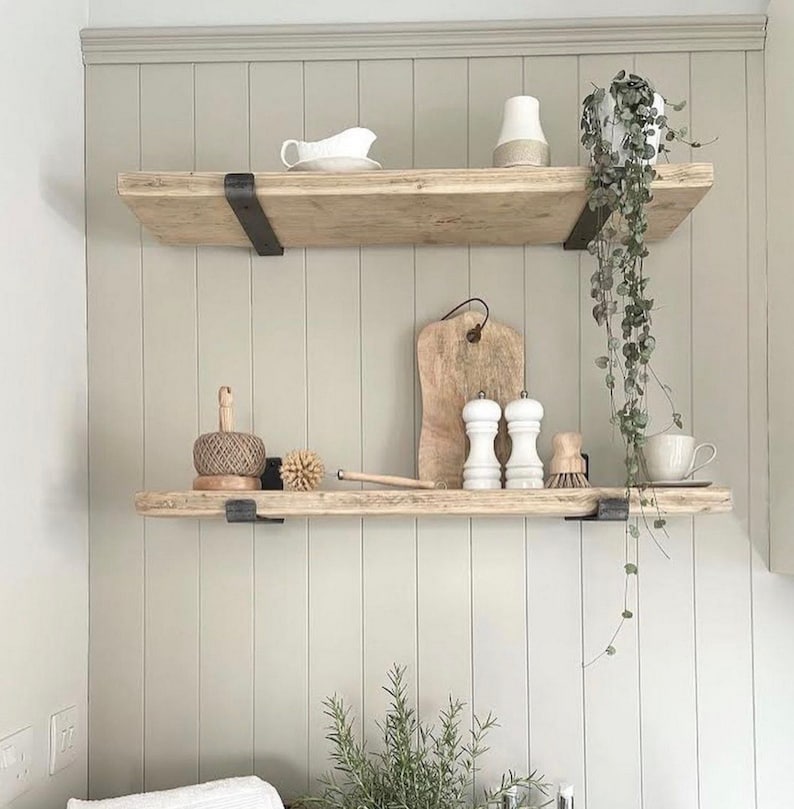 One HEAVY DUTY rustic floating shelf with two robust J Shaped Flat Iron Brackets, Handmade Farmhouse shelf for custom renovations, imagen 3