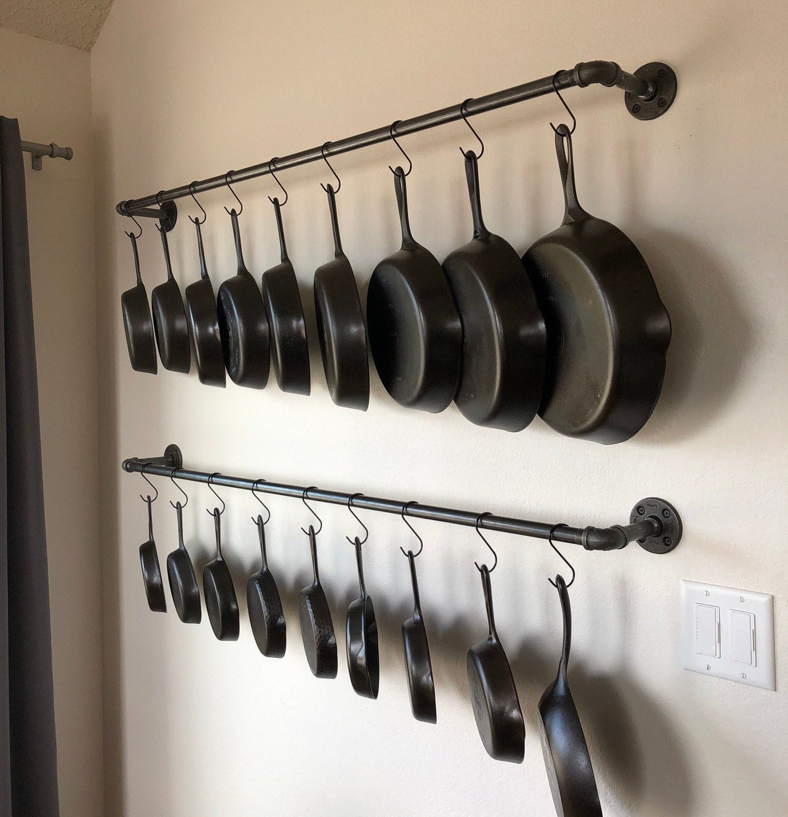 Single Kitchen Pot Rack, Gun Metal Gray Various Length Cookware