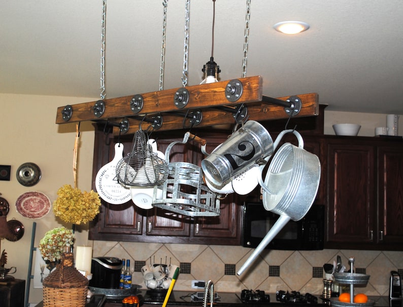Pot Rack Chain Walnut Stained Ladder Pot Rack: Rustic Industrial Farmhouse Decor ...