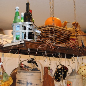 Walnut Stained Distressed Rustic Ladder Pot Rack, Farmhouse Kitchen Ceiling pot rack, Kitchen Island pot and pan holder, Overhead rack image 2