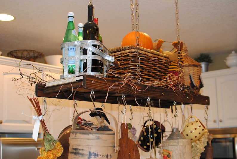 Walnut Stained Distressed Rustic Ladder Pot Rack, Farmhouse Kitchen Ceiling pot rack, Kitchen Island pot and pan holder, Overhead rack image 2