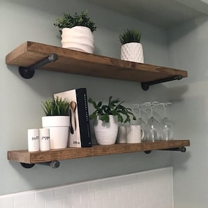 Farmhouse Floating Shelf with Pipe Brackets, Rustic Wood Plant Shelf
