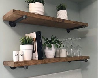 Farmhouse Floating Shelf with Pipe Brackets, Rustic Wood Plant Shelf