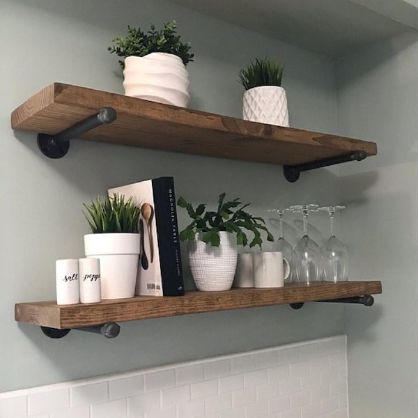 Farmhouse Floating Shelf with Pipe Brackets, Rustic Wood Plant Shelf