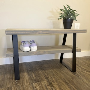 Handmade Rustic Farmhouse Bench: Black Metal 16 inch Trapezoid Legs