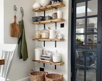 Rustic floating Pantry Shelf with flat steel L shaped brackets, long kitchen shelf, plant window shelf, Modern farmhouse bookshelf